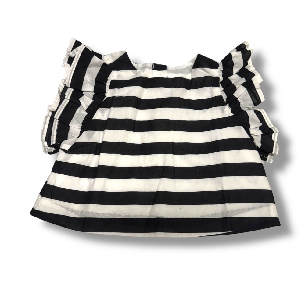 Janie and Jack Girls Black White Striped Ruffle Flutter Sleeve Cotton Top 12-18M